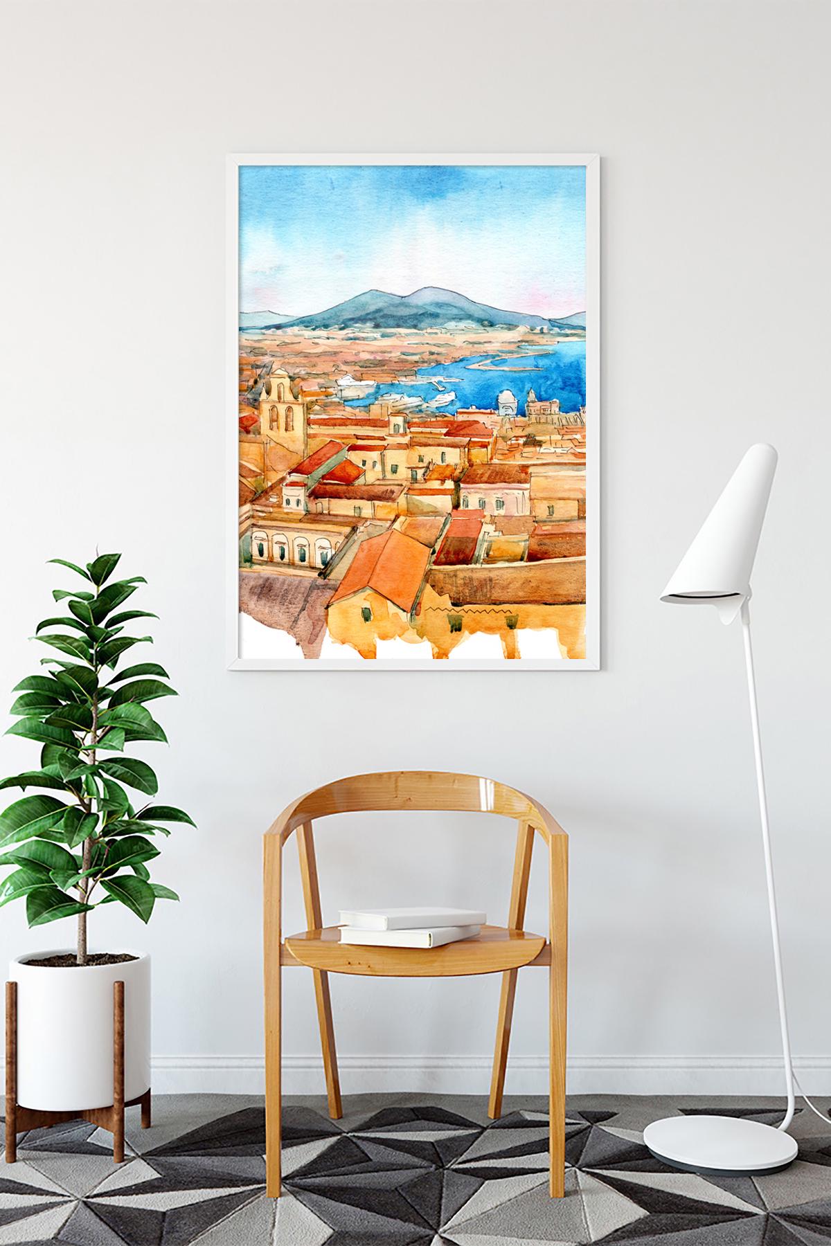 ナポリ絵画イタリアアートプリント、地中海ジクレー水彩都市ポスター