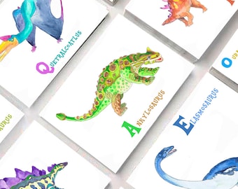 ABC Flash Cards Dinosaur 26 Alphabet Prints Animals Watercolor Painting A -Z Letters Playroom Boy Nursery decor ABC print Kids room decor