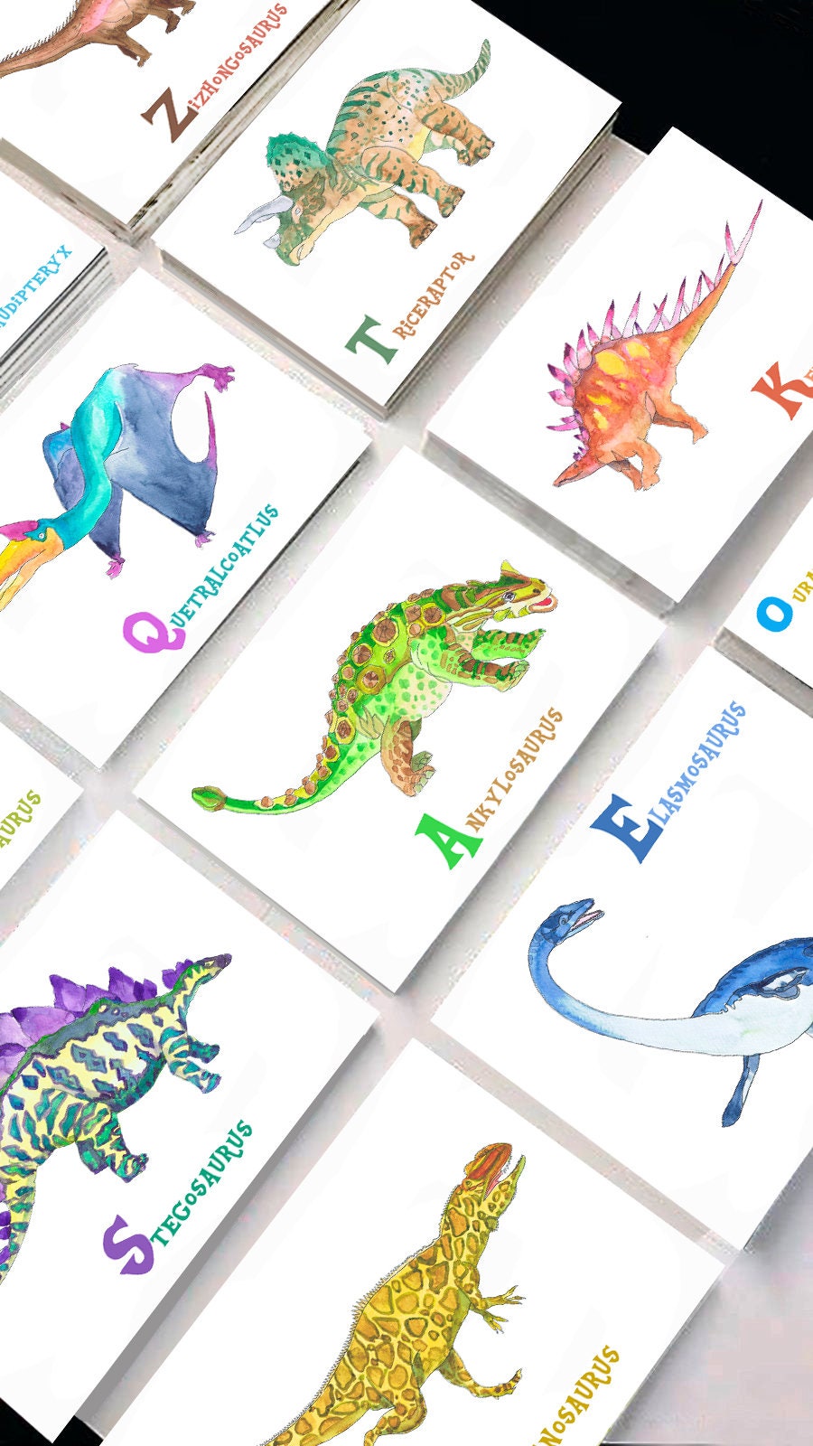 ABC Flash Cards Dinosaur 26 Alphabet Prints Animals Watercolor Etsy