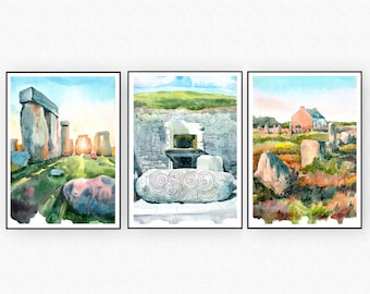 Europe Sacred site Print set of 3, Standing Stones Art Watercolor Painting,  Stonehenge, Newgrange Ireland Travel poster Earth power