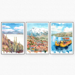 Bolivia Art Set di 3 stampe ad acquerello paesaggio pittura, Lago Titicaca, La Paz, arte murale Salar de Uyuni, poster di viaggio in Sud America