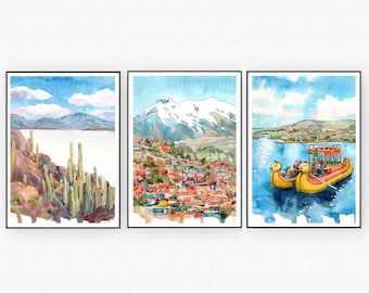 Bolivia Art Set of 3 Watercolor prints landscape Painting, Lake Titicaca, La Paz, Salar de Uyuni wall art, South America Travel poster