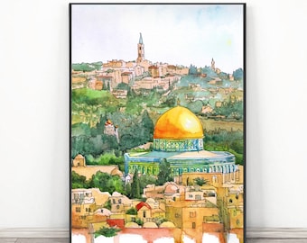 Jerusalem painting  - Israel Wall Art Print, Watercolor Asian Travel Poster - Jerusalem cityscape,  Middle east Oriental Old city print