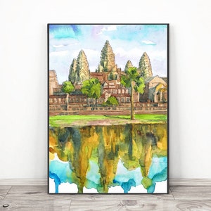 Cambodia painting - Angkor wat Art print, Asian Travel Watercolor landscape