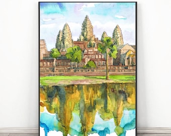 Kambodscha Kunstdruck - Angkor wat Wandkunst Aquarell Asiatisches Reiseposter - Reisedruck Orientalisches Landschaftsgemälde