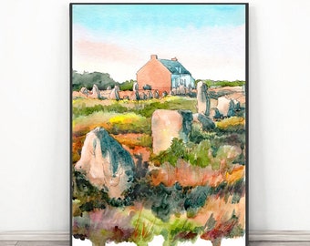 French country Art Print, Brittany France  Watercolor landscape Painting, European Sacred site Poster,  Carnac Standing stones Wall art