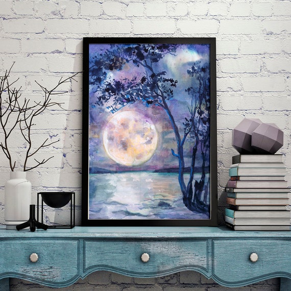 月の絵画の水彩画、夜空のプリント、満月の装飾アート、Valtntina Ra