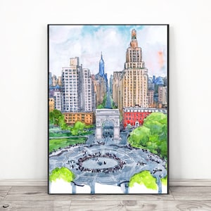 New York University Art, NYC Wall Art - Washington Square Skyline Watercolor Painting , graduation print