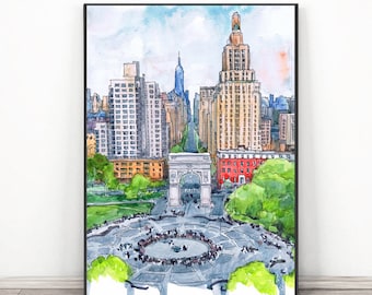 New York University Art, NYC Wall Art - Washington Square Skyline Watercolor Painting , graduation print