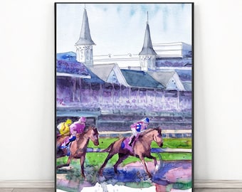 Impressão artística do Kentucky Derby, pintura em aquarela de corrida de cavalos, Churchill Downs