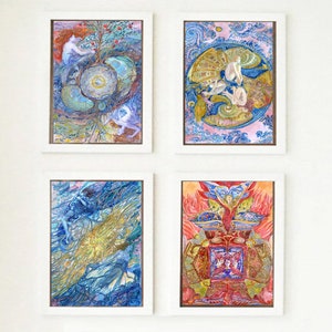 May include: Four framed art prints with intricate watercolor illustrations. Each print features a unique, colorful design with figures, patterns, and organic shapes. The frames are white, and the artwork has a fantasy or spiritual theme.