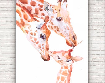 Giraffe Art Print Watercolor Painting, Safari Animal Family Nursery Artwork