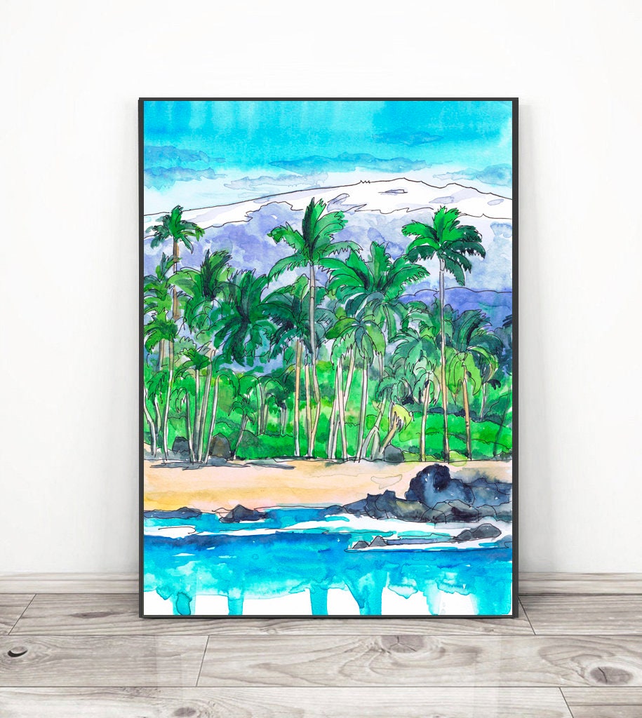 Mauna Kea Hawaii Wall Art Print Coastal Watercolor Etsy