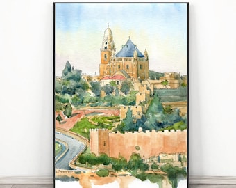 Jerusalem Malerei Berg Zion Israel Wall Art Print, Aquarell asiatisches Reise Poster - Jerusalem Stadtansicht, Naher Osten Altstadt Druck