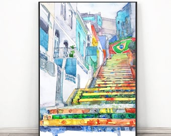 Rio de Janeiro Art, South America City Skyline - Brasil Art Print Watercolor painting - Escadaria Selarón Travel Poster, cityscape