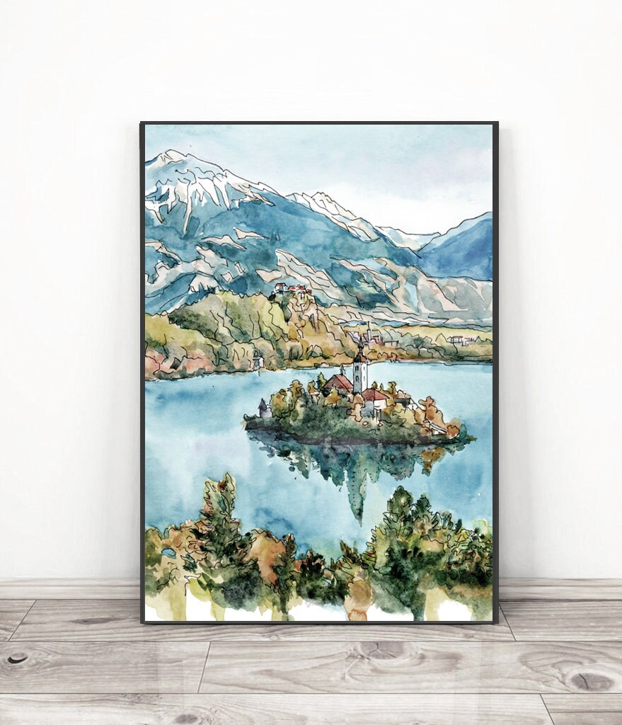 ブレッド湖の絵画 スロベニア アートプリント風景画、水彩画旅行