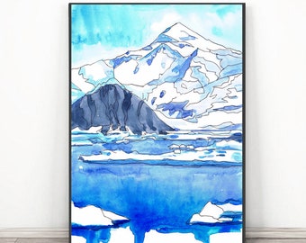 Antarktis Druck - Berg Wand Kunst, Mount Vinson Klettern Poster, Seven Gipfels Aquarell Malerei Landschaft