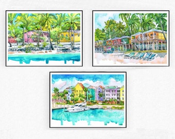 Caribbean Islands Art set of 3 Prints Watercolor Painting, Bahamas, Jamaica, Dominican Beach Wall Art, Coastal Landscape  Travel Poster