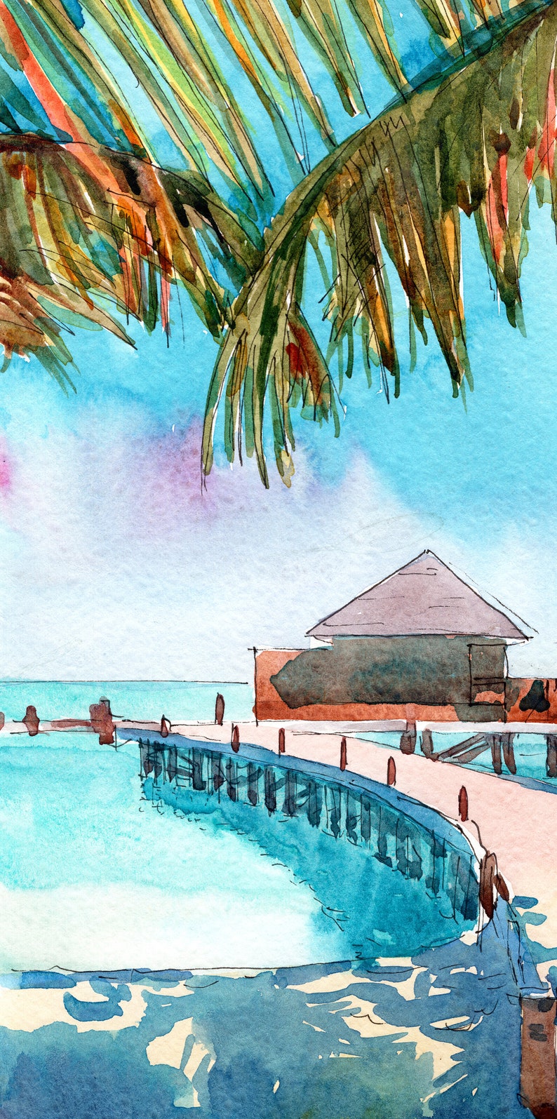 Maldives Art Print, Palm tree Beach Wall Art Watercolor Landscape Coastal Painting, Seascape Travel Poster image 3