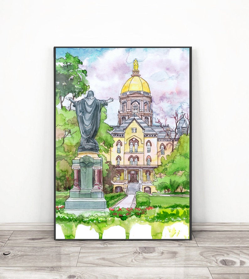 Notre Dame University Art Print, Gold Dome graduation Watercolor print, Indiana, wall art Rainbow