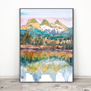 Three sisters Mountain Wall Art  Alberta Ca Watercolor Landscape Painting Print  --  Cascade range , hiking decor Canada wall art