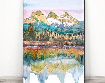Three sisters Mountain Wall Art  Alberta Ca Watercolor Landscape Painting Print  --  Cascade range , hiking decor Canada wall art