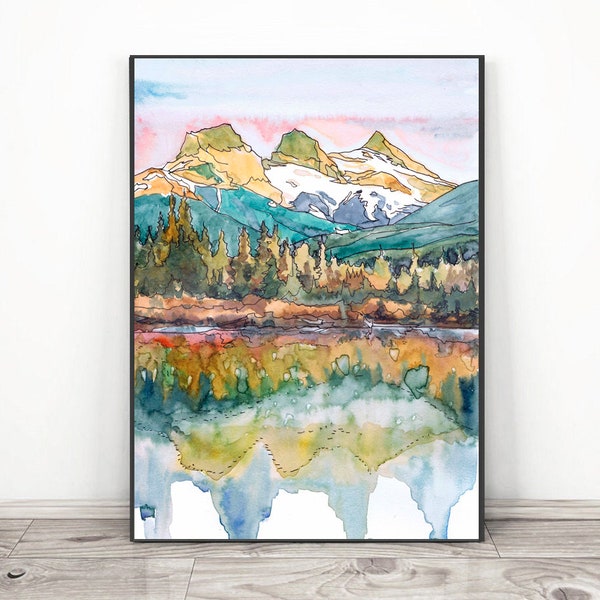 Three sisters Mountain Wall Art  Alberta Ca Watercolor Landscape Painting Print  --  Cascade range , hiking decor Canada wall art