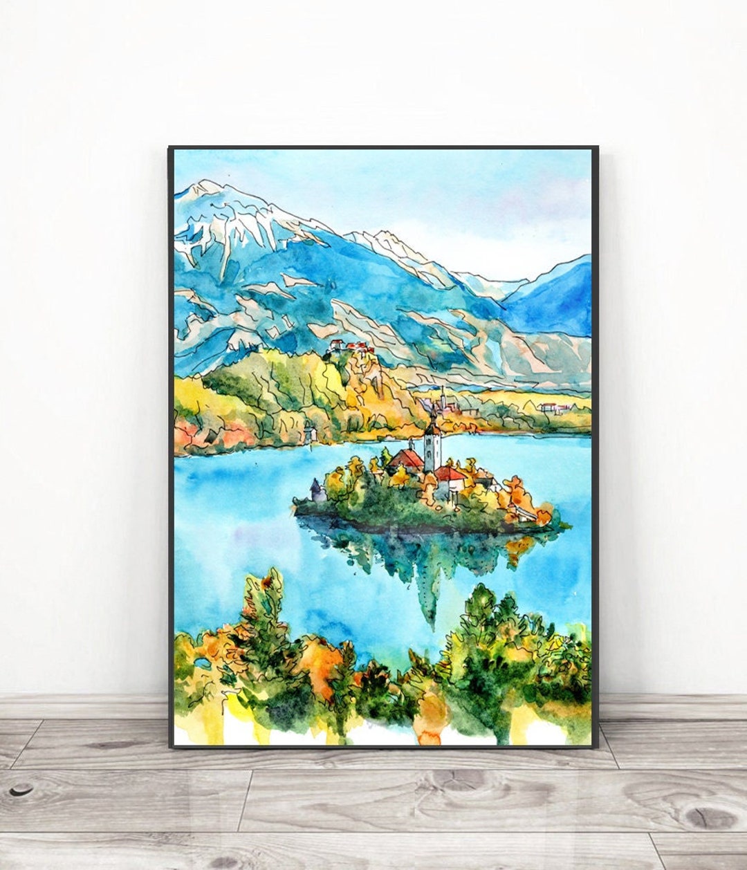 ブレッド湖の絵画 スロベニア アートプリント風景画、水彩画旅行