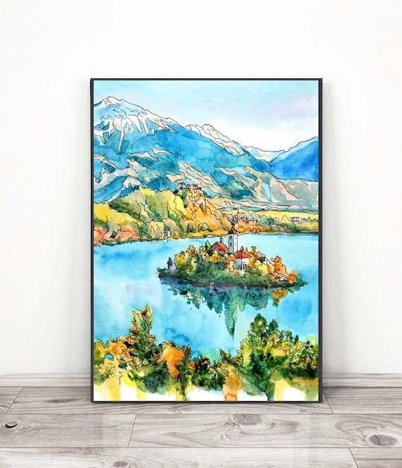 ブレッド湖の絵画 スロベニア アートプリント風景画、水彩画旅行