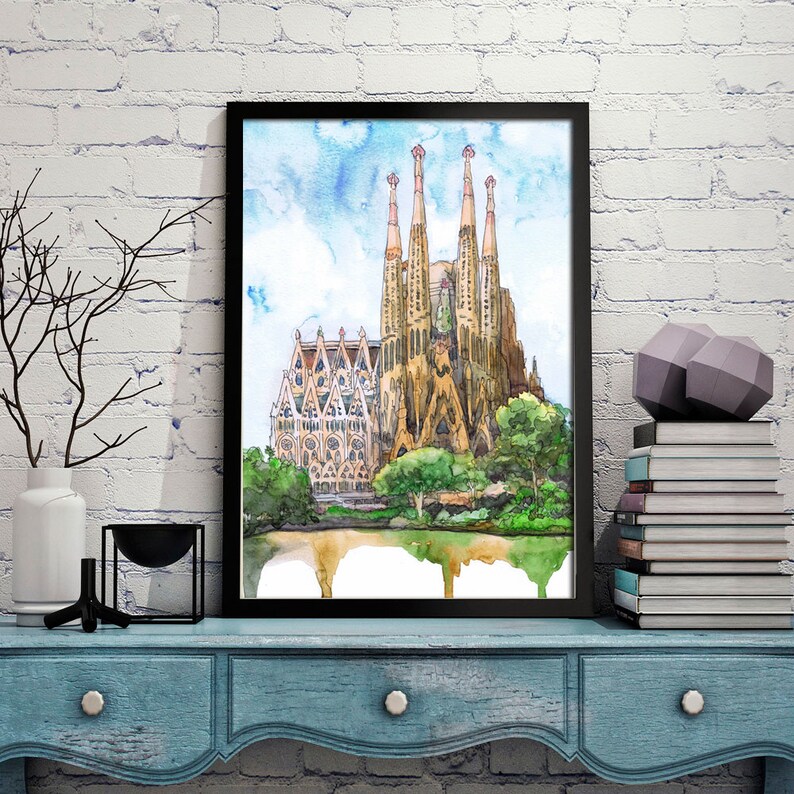 Barcelona Skyline Sagrada Familia Art Print Water Color | Etsy