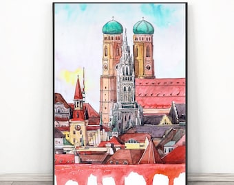 München schilderij, muurkunst Europa skyline - Duitsland aquarel print