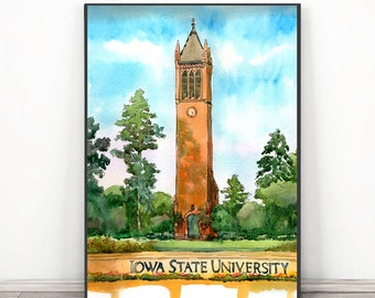 Iowa state University Art,  ISU Watercolor Painting Campanile, Ames Iowa graduation print