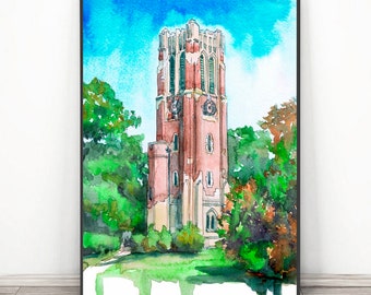 May include: Watercolor painting of a tall red brick tower with a clock face and arched windows. The tower is surrounded by green trees and a grassy area. The sky is blue with white clouds.