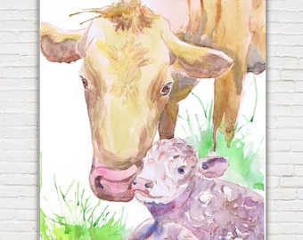 Cow Art Watercolor Print, Farm Animal  Illustration for  Nursery Wall art,  Mother And Baby