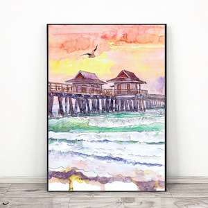 Naples Florida Art Beach pier sunset Seascape Print, Acquerello Paesaggio Pittura, Naples FL Seaside Coastal Wall Art - Travel Poster