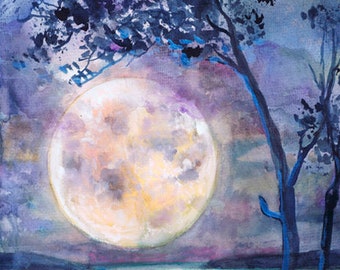 月の絵画 水彩画、夜空のプリント、満月の装飾 アート by Valtntina Ra