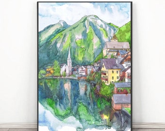 Hallstatt Austria print - Watercolor painting European city print, Europe Skyline Abstract Cityscape wall art