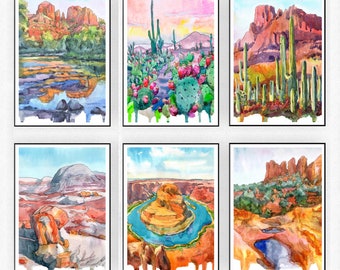 Arizona National park Art, Set of 6 Prints Watercolor Painting - Grand Canyon, Petrified Forest, Saguaro, Southwestern decor