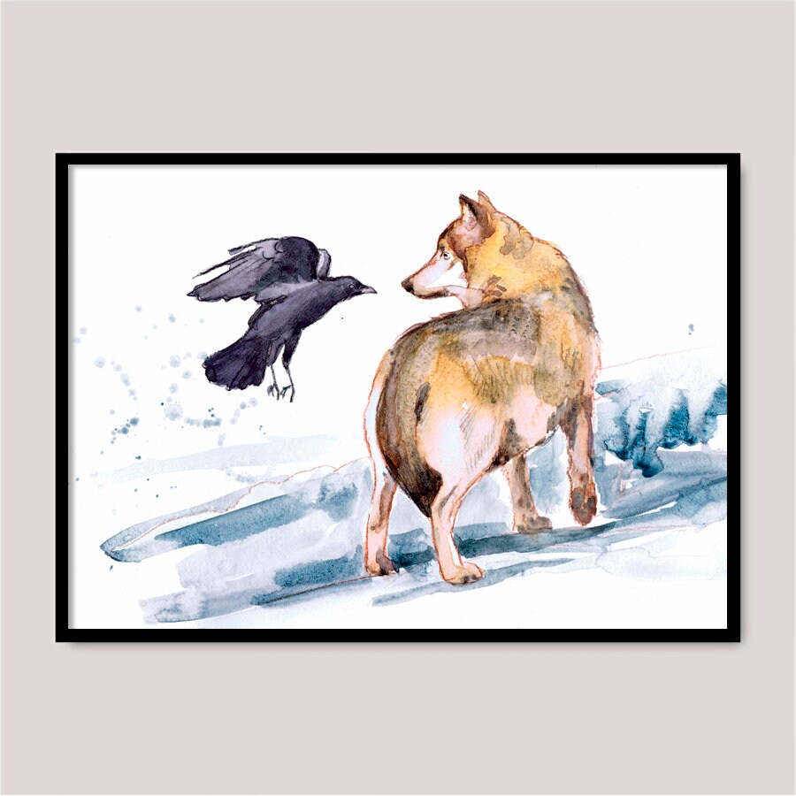 狼とカラスのアートプリント水彩画、精霊動物の絵画アート作品、狼と