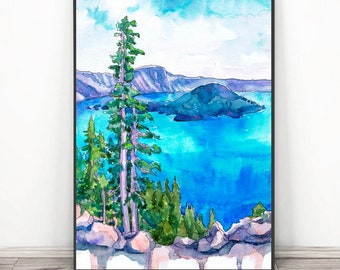 Crater lake Oregon National park Art Watercolor Painting  Travel Poster Print , Hiking wall art