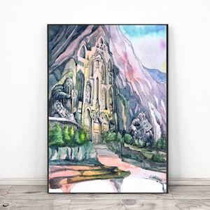 May include: Watercolor painting of a stone building with a pointed archway entrance. The building is set into a rocky cliff face and surrounded by trees. Two figures stand in front of the building, one holding a sword and the other a shield.