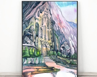 Stadt der Zwerge Fantasy Kunstdruck - Einsamer Berg Zwerg Fantastische Stadt Aquarell Malerei Märchen Wandkunst, Film Reise Poster