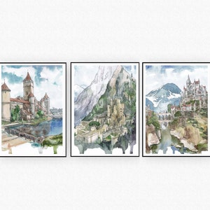 Château de sorcière Art Set de 3 estampes Fantastique Ville Art, Paysage fantastique Aquarelle Peinture Jeu Décor Voyage Imprimer Affiches de Jeux Vidéo Gris