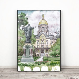 Notre Dame University Art Print, Gold Dome graduation Watercolor print, Indiana, wall art Gray