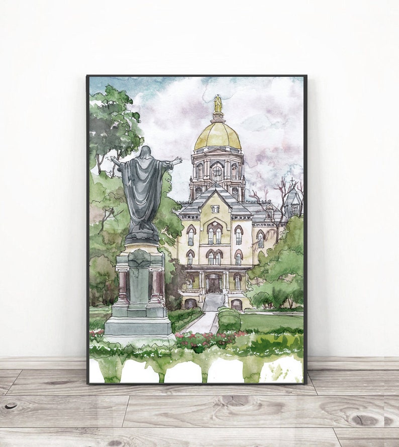 Notre Dame University Art Print, Gold Dome graduation Watercolor print, Indiana, wall art Gray