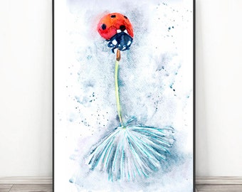 Ladybug Wall decor, Dandelion Wall Art, Insect Print, Ladybird Watercolor Painting, lady bug Art Poster