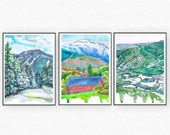 Vermont set of 3 Painting Watercolor Landscape Art Print  , Mountain Killington Ski wall art Travel Poster