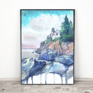 Parc national Acadia Art Affiche de voyage Aquarelle Peinture, Art mural de randonnée