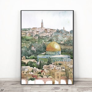 Peut inclure: Peinture &agrave; l'aquarelle du D&ocirc;me du Rocher &agrave; J&eacute;rusalem, un d&ocirc;me dor&eacute; avec des tuiles bleues et vertes, entour&eacute; d'une ville avec des b&acirc;timents et des arbres.