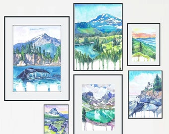 National parks art - Gallery wall Set of 6 Prints - Watercolor Painting